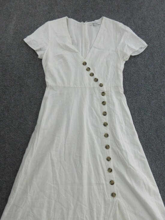 Madewell Dress Womens 0 White Short Sleeve Button Front Wrap Midi Fit Flare - Picture 2 of 4